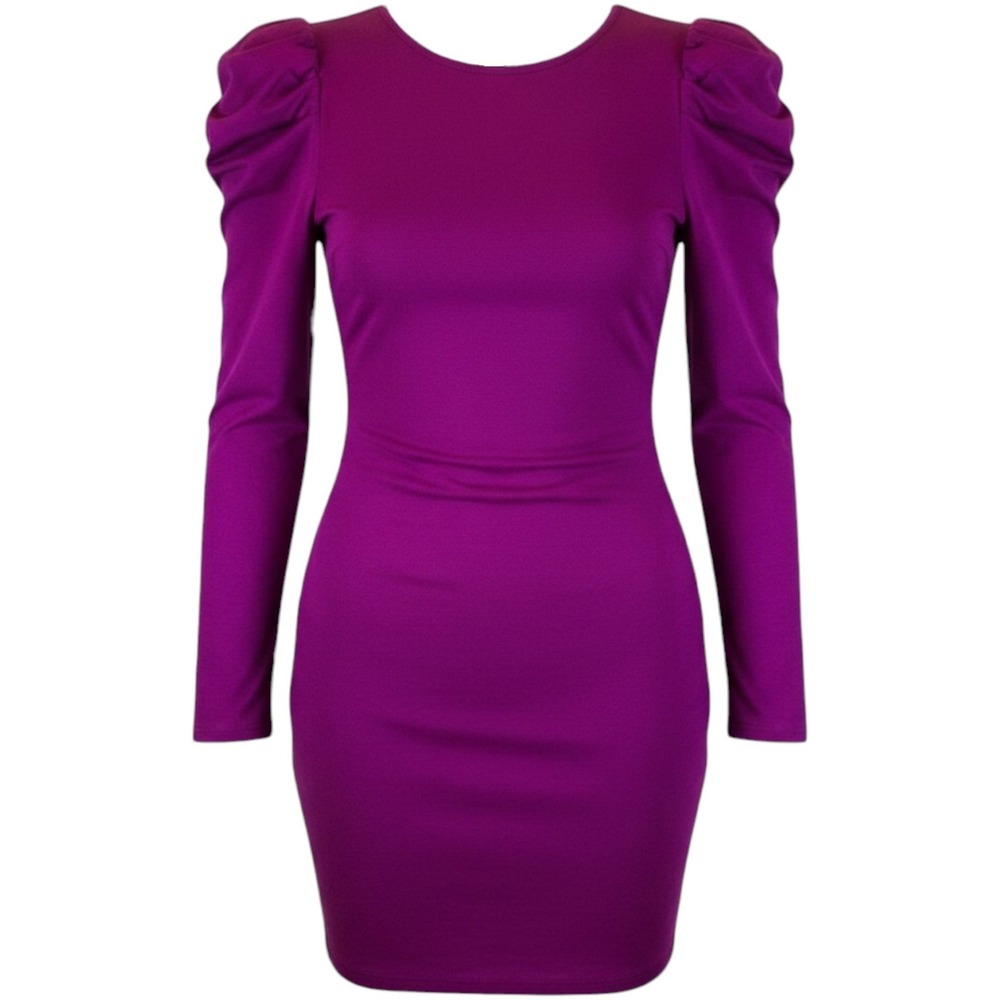 Forever 21 Y2K Mini Dress Womens M Purple Puffed Long Sleeve Deep V Back Bodycon